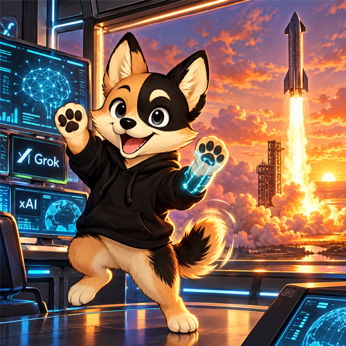 Byte the dog cheering as a rocket lifts off beyond the lab windows