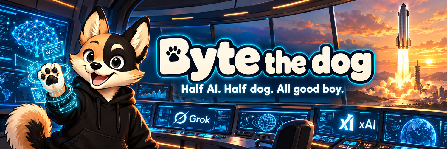 Byte the dog in a control room while a rocket launches at sunset